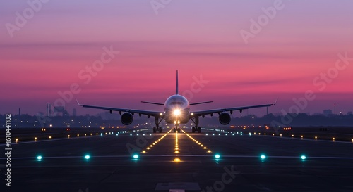 Airplane on Runway at Dusk Preparing for Takeoff with Striking Pink and Purple Sunset Colors and City Skyline
