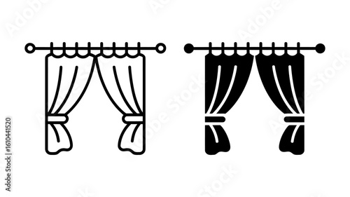 Vector Art of a Curtain Icons: Line Art and Solid Black Styles, Window Drapery, Interior Design Elements, Home Decor Graphics.