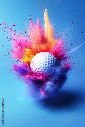 Colorful explosion of powder around a golf ball against a blue background, creating dynamic energy