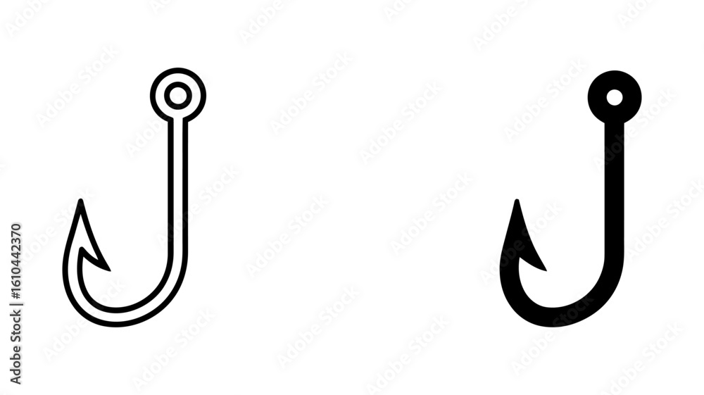 Fishing Hook Icon: Line Art and Solid Black Versions, Simple Design, Minimalist Style. Fishing Hook Icon: Line Art and Solid Black Versions, Simple Design, Minimalist Style.
