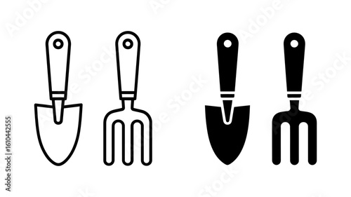 Gardening tools: trowel and cultivator icons; line art and solid black; simple, minimalist design.