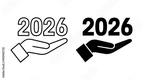 2026:  Hand Presenting New Year, Outline and Solid Icon Set, Minimalist Design, Future Concept