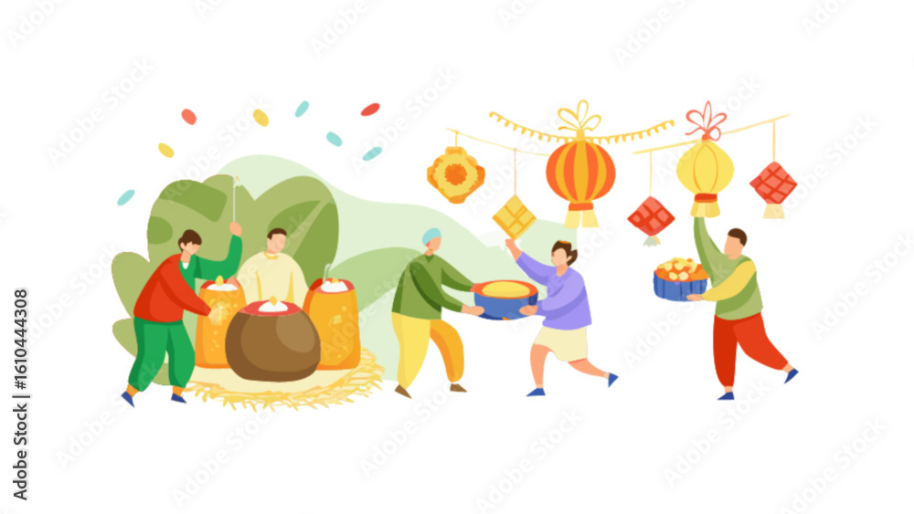 Celebrate mid autumn festival with lanterns mooncakes and family gathering vector illustration design Celebrate mid autumn festival with lanterns mooncakes and family gathering vector illustration design