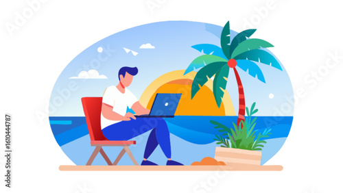 Remote work on tropical beach illustration for digital nomad lifestyle and freelance work concept design