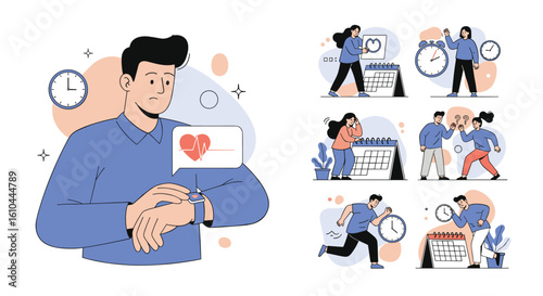 Man checking smartwatch for heart rate and time management concepts illustrated
