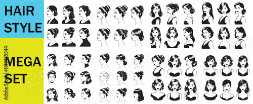 Collection of diverse hairstyle illustrations featuring women in a mega style set design
