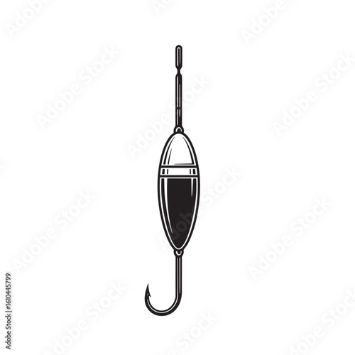 Classic black and white vector illustration of a fishing bobber and fish hook with vintage art style