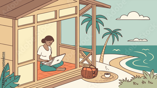 Woman working remotely on laptop at beach house digital nomad lifestyle and tropical vacation destination