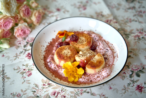 Wallpaper Mural Delicate Dish of Creamy Desserts with Fresh Fruits, Garnished with Vibrant Edible Flowers on Floral Tablecloth Setting Torontodigital.ca
