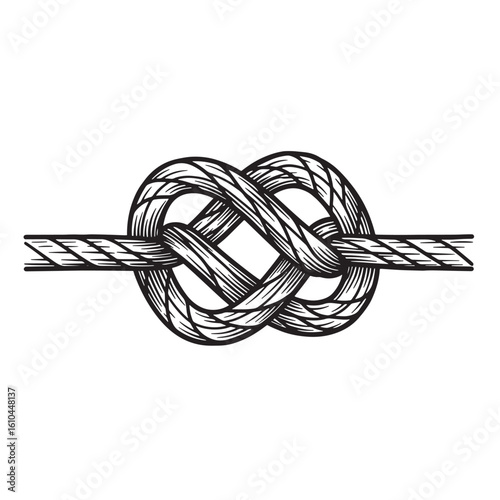 Detailed black and white illustration of a decorative reef knot tied with rope