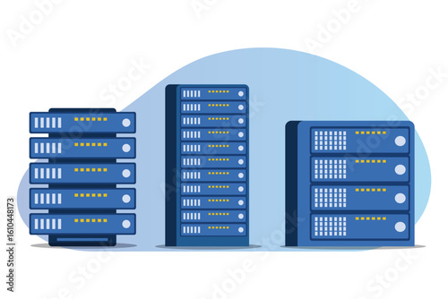 Cloud Storage server vector illustration. Flat design of data center racks, web hosting machines, and digital infrastructure system.
