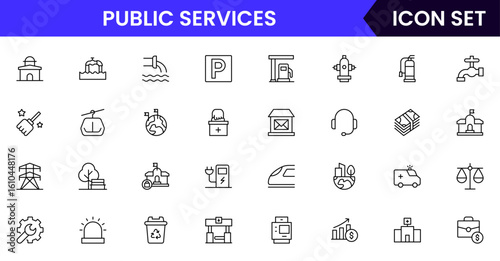 Public services vector line icons featuring healthcare, emergency, education, transportation, sanitation, government buildings, community support, utilities, and social welfare symbols.