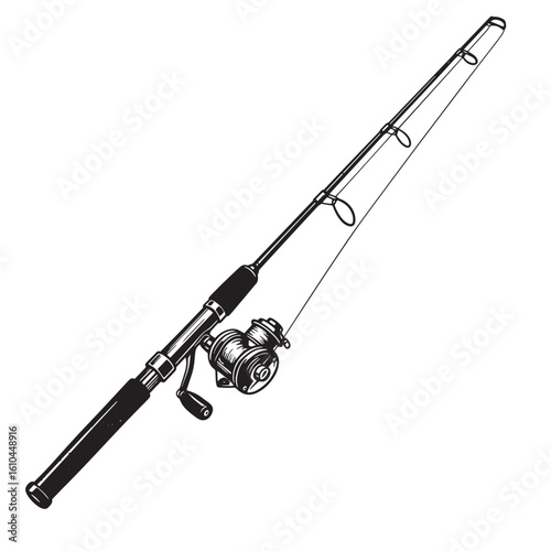 Detailed black and white vintage art illustration of a fishing rod and reel