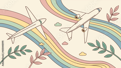 Pastel aesthetic airplane travel vector art with rainbow and clouds for vacation and tourism design use