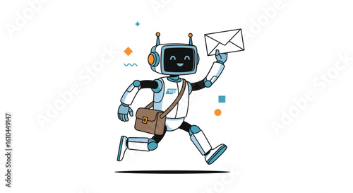 An adorable pixel art robot courier runs with a letter and a messenger bag symbolizing fast and efficient delivery services
