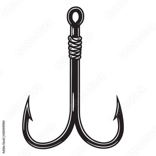 Detailed black and white vintage art illustration of a triple fishing hook on white background