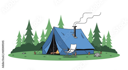 Cozy camping scene with a-frame tent and forest backdrop