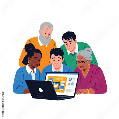 A diverse group of people of different ages looking at a product displayed on a laptop screen.