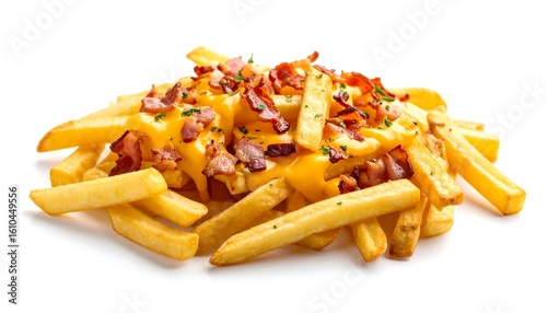 Golden fries generously topped with melted cheese and crispy bacon bits, garnished with herbs
