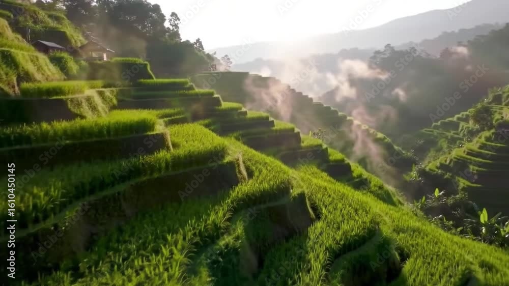 Sunlit terraced rice fields with atmospheric mist rising at dawn. A breathtaking green landscape, showcasing traditional agriculture and natural beauty.