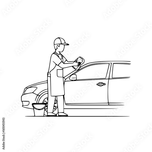 Black and white drawing of man washing car using sponge and bucket