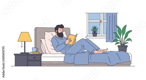 Man in pajamas relaxing in bed reading a book enjoying a peaceful morning routine before starting the day's work