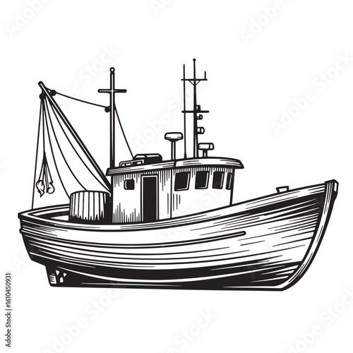 Detailed vintage black and white illustration of a fishing boat on white background