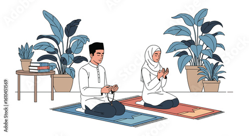 Muslim couple praying together inside their home surrounded by lush green plants