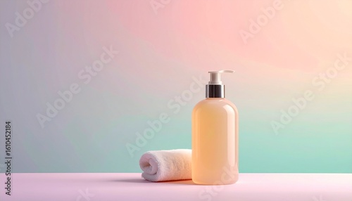 Elegant Soap Bottle Mockup with Blank Label on Pastel Background for Skincare and Cosmetic Packaging Advertisement Display