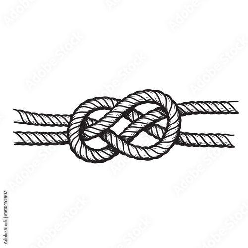 Hand drawn illustration of a nautical figure eight knot with textured rope on white background