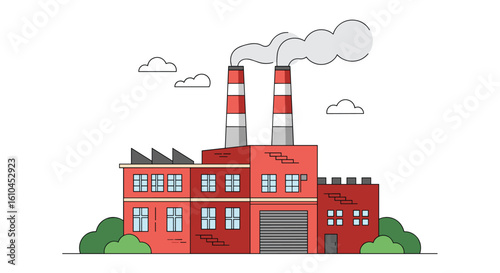 Illustrative depiction of a modern industrial manufacturing plant emitting smoke from tall chimneys under a cloudy sky with surrounding greenery