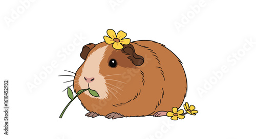 Adorable guinea pig wearing a delicate flower crown enjoying a sweet spring snack in a meadow