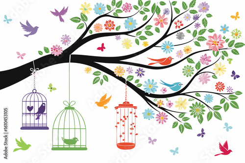 Blooming Tree with Birds: A vibrant, hand-drawn illustration showcases a flowering tree adorned with colorful birds, butterflies, and intricate birdcages.