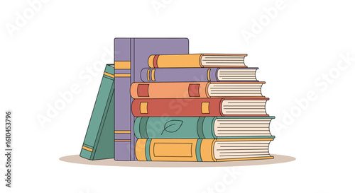 An assortment of hardcover and paperback books stacked together for reading and learning