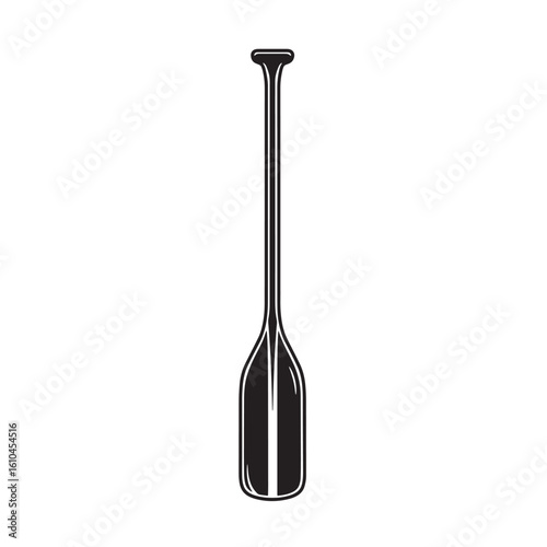 Simple black and white art illustration of a classic wooden paddle for boating sport activities