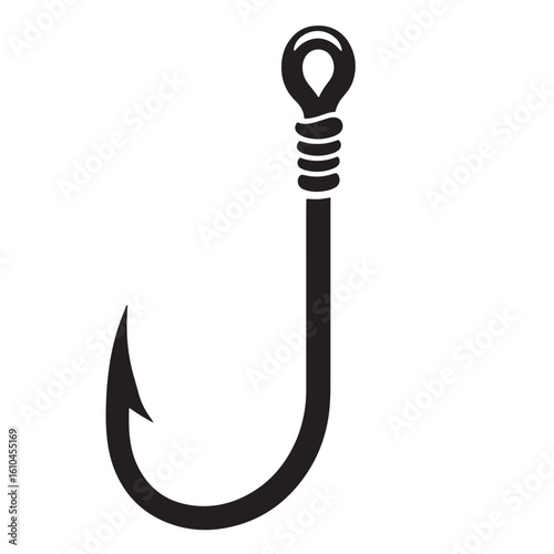 Simple black and white illustration of a vintage fishing hook isolated on a white background