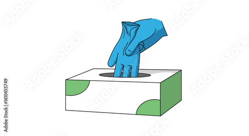 Hygiene and safety gloves being pulled from a dispenser box for protection and cleanliness in medical and industrial environments