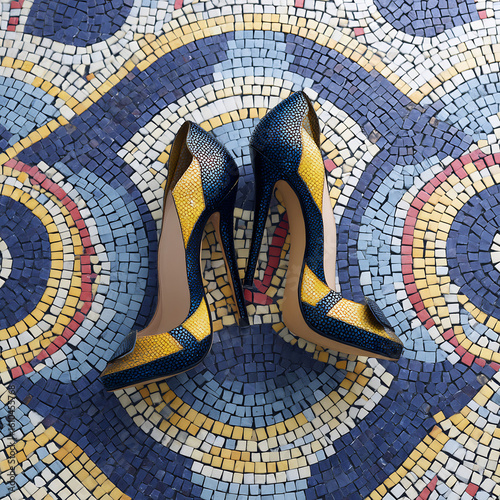 Detail photo of fashion heels stepping on mosaic floor