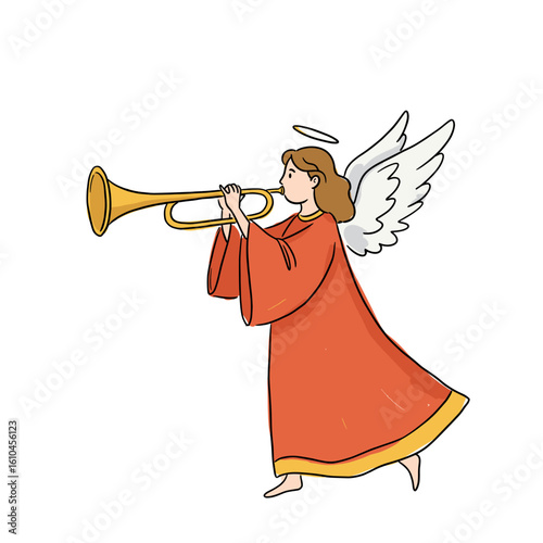 Angel playing trumpet while walking with wings and halo  