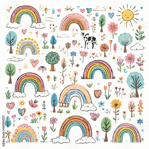 Adorable hand-drawn seamless pattern with rainbows, flowers, trees, hearts, clouds, sun, and a cute cow in pastel colors.