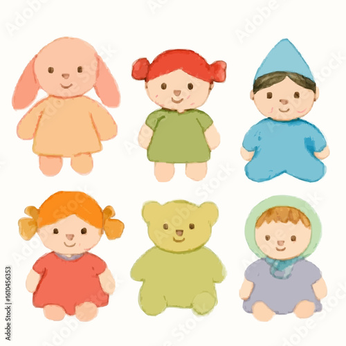 Six cute watercolor baby toys and dolls including a bunny, children, and teddy bear in pastel colors.