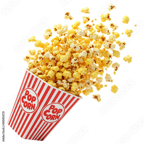 Red striped popcorn bucket spilling golden kernels isolated on a transparent background white