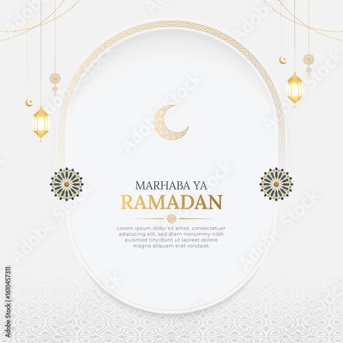 Marhaba ya Ramadan Arabic Islamic Elegant White Luxury Ornamental Greeting Card Background
