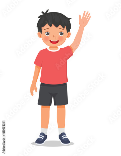 Little boy waving hand greeting saying hi expression