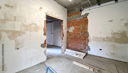 Interior renovation transformation with exposed brick and block wall textures