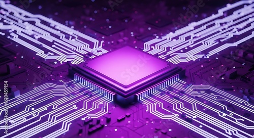 A close up of a purple computer chip with glowing white lines and a square center component visible