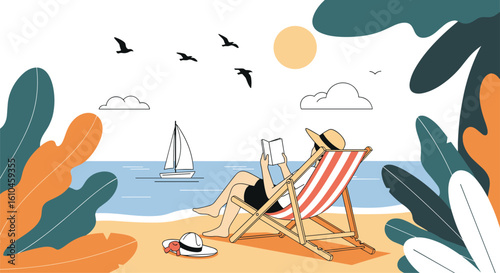 Enjoying a relaxing day on a sandy beach with gentle waves under a sunny sky surrounded by lush green foliage