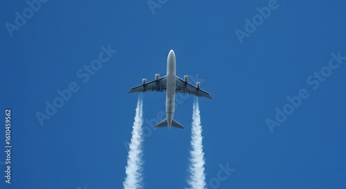 Airplane Flying Overhead with Contrails Against Blue Sky