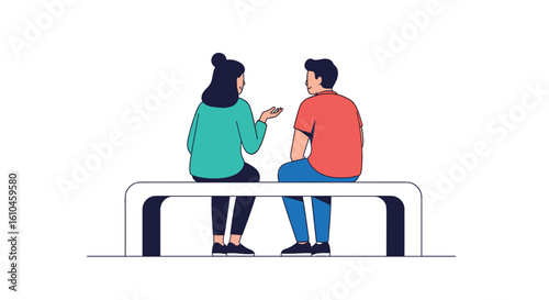Two people sitting on a bench talking to each other in a casual conversation outdoors