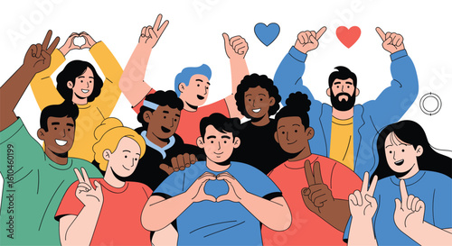 A diverse group of people celebrating together displaying love and unity through gestures and symbols